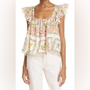 Farm Rio Delicate Forest Scarves Squareneck Embroidered Blouse